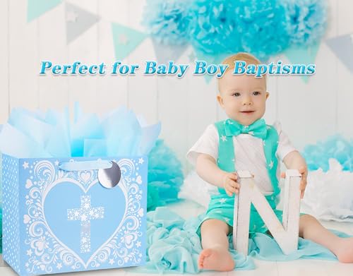 JWSCYSY 15.7" Extra Large Blue Gift Bag with Metallic Silver Star Cross Design, Card and Tissue Paper for Baby Boy Baptisms, Christenings, First Communions Religious - color: Blue 15.7"