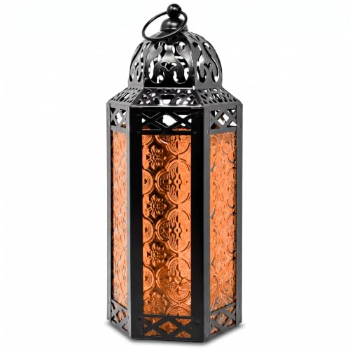 Vela Lanterns Decorative Indoor Moroccan Candle Holder, Amber, M | Halloween Decorations, Amber Orange Glass Decor, Gothic Dark Academia Lamp, Turkish Votive Pillar Tealight, 10.5in Tall - color: Black/Amber, size: Medium
