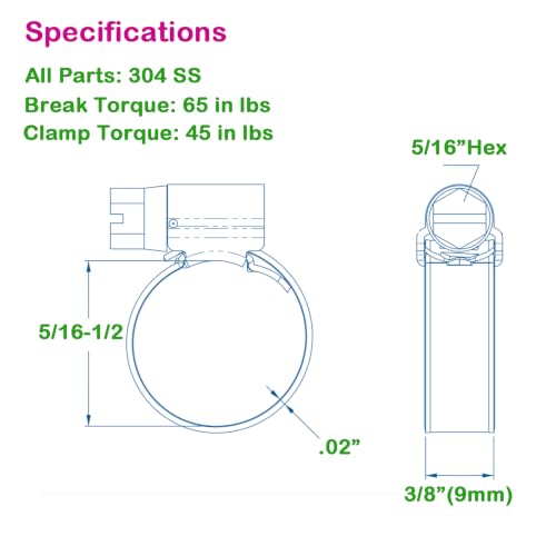 Non-Slip Stainless Steel Worm Gear Hose Clamps 5/16 to 1/2"(8-13mm) | SAE Size 4, 5/16"Hex Head, Soft Hose Protection, Adjustable for Automotive, Fuel Line, Garden, Heater, Radiator, 12Pack - size: SAE#4(5/16 To 1/2)Mini