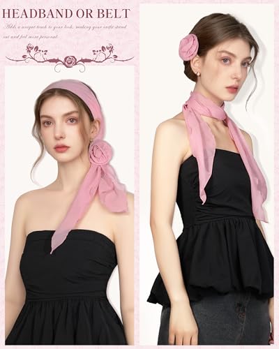 Chiffon Scarf for Women, Removable Flower Neck Scarf Light Soft Fashion Rose Scarves Versatile Headband or Hair Band - color: Dusty Pink