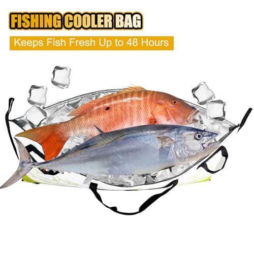Insulated Fish Cooler Bag, 60'' Waterproof Leakproof Fishing Kill Bag with Drain Valve, Zipper and Heavy Duty PVC Marine Cooler for Boat Kayak Offshore Fishing, Keeps Fish Fresh Up to 48H - color: Green+White