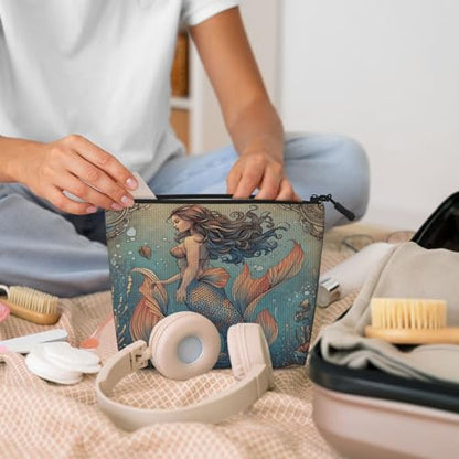 Mermaid Ocean Fantasy Fake Hemp Makeup Bag Travel Bags Toiletry Pouch With Zipper 9.45 X 6.7 In - color: Mermaid Ocean Fantasy