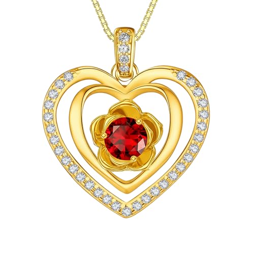 18K Yellow Gold Rose Birthstone Necklace 12 Months Rose Flower Birthstone Necklace Birthday Jewelry Gifts for Women Mom Her - color: 07-July