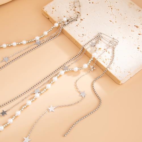 Pearl Brooch Pins Hanging Chain Lapel Pin for Women Long Chain Tassel Pearl Collar Chain Lapel Pin Jewelry Accessories - style: star