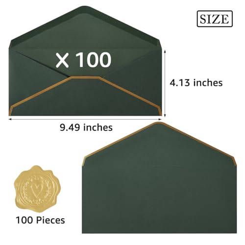 100 Pack #10 Business Envelopes with Gold Stickers, Dark Green - color: Dark Green