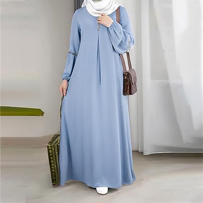 GOKKILRW Womens Solid Color Abaya Maxi Dress Modest Muslim Prayer Robe Long Sleeve Dubai Long Dress Islamic Lightweight Dress - color: Blue, size: Large