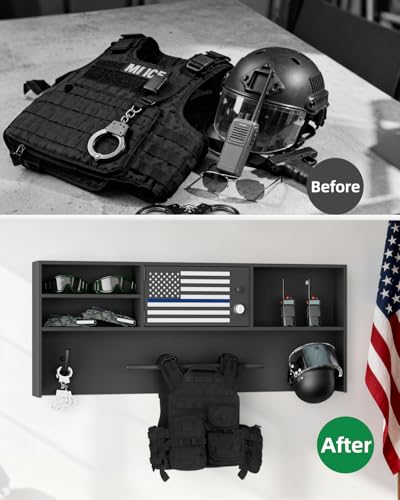 Police Gear Rack,Wall Mounted Lock Safe Police Tactical Vest Hanger | Gun Storage Plate Carrier Tactical Gear Stand with Decorative Flags,Law Enforcement Organizer for Police Veteran Gift