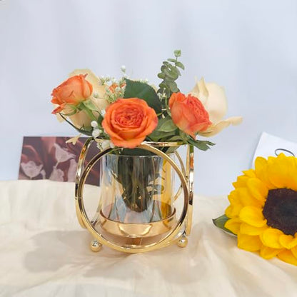 Gold Hurricane Candle Holder with Metal Frame & Windproof Glass Lid, Geometric Cutouts for Weddings, Parties, Home Decor - size: Small