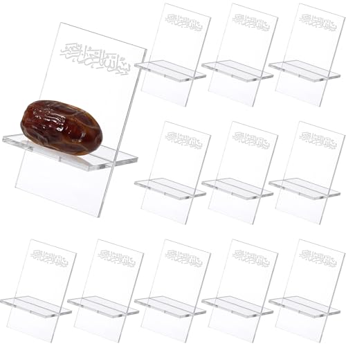 Potchen 12 Pack Ramadan Date Holders Acrylic Glass Bismillah Islamic Calligraphy Date Stands Home Table Centrepiece Decorations for Eid Ul Fitr Fasting Ramazan Adha Gifts Party Favors (Modern,Clear) - color: Clear, style: Modern