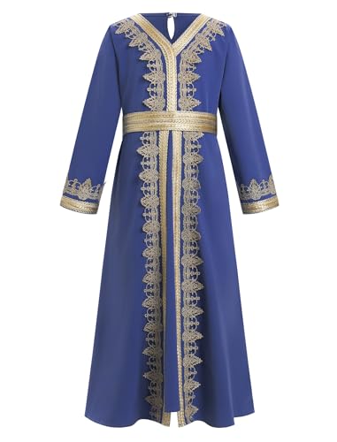 Muslim Dress for Kids Girls Abaya Middle East Ramadan Long Sleeve Lace Prayer Dress Arabic Kaftan with Belt - color: Royal Blue, size: 9-10 Years