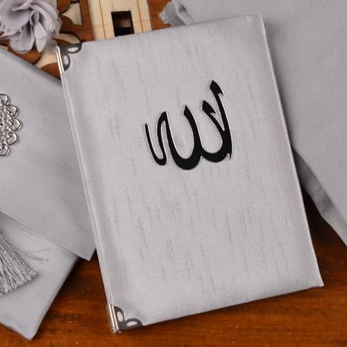 BABY SHOWER CHOCOLATE Prayer Rug Islamic Gift Set, Velvet Prayer Mat, Prayer Beads, Scarf and Yaseen Book, Perfect Family and Muslim Eid Gifts (Gray) - color: Grey