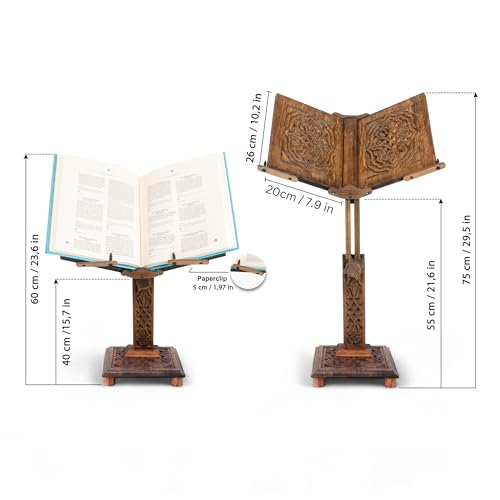 Adjustable Carved Wooden Book Stand | Quran, Bible Holder Lectern | Dictionary, Cookbook Stand