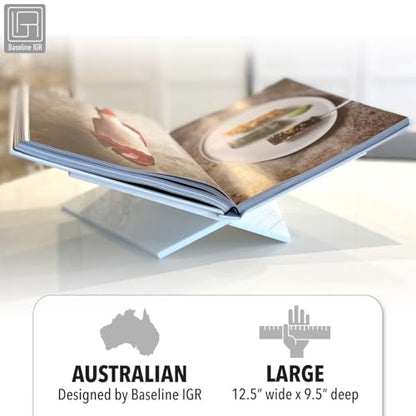 Large White Acrylic Book Stand, 12.5" x 9.5" x 5.5”, Acrylic Book Holder, Open Bookstand for Display and Reading Cookbooks, Art Books, Bibles, Magazines - Home and Office - color: White, size: Large