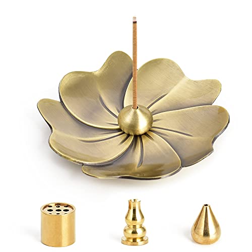 Sakura Flower Incense Holder, 5PCS Bronze Incense Burner Holder with Silk Pouch, Two Styles Drop-Shape, Cylinder Multihole and Gourd-Shape Ash Catcher Yoga Room Bedroom Home Fragrance - color: Gold and Bronze, 5 Pcs