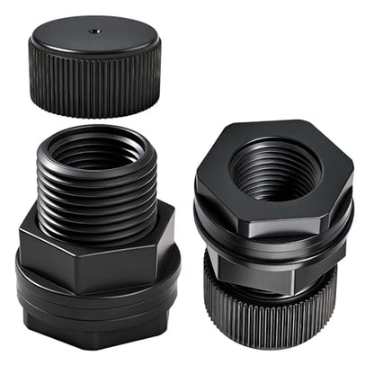 2 Packs PVC Garden Hose Bulkhead Fitting with Plug, 3/4" Male GHT, 1/2" Female NPT Double Threaded Bulkhead Water Tank Connector Drain/Flush Port Kit for Rain Barrels, Aquariums, Water Tanks