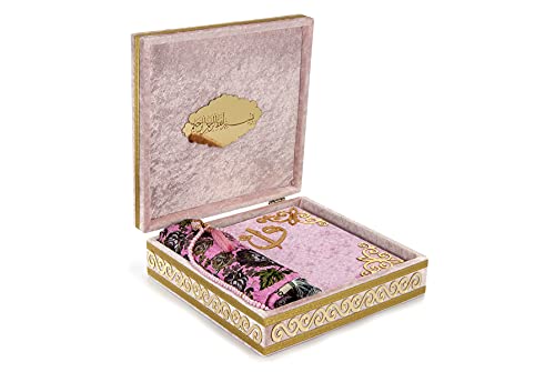 ihvan online Luxury Islamic Prayer Velvet Covered Gift Box, Deluxe 4 Piece Set with Elegant Velvet Covered Quran & Prayer Beads Tesbih & Prayer Rug, Ramadan & Eid Gift, Pink - color: Pink