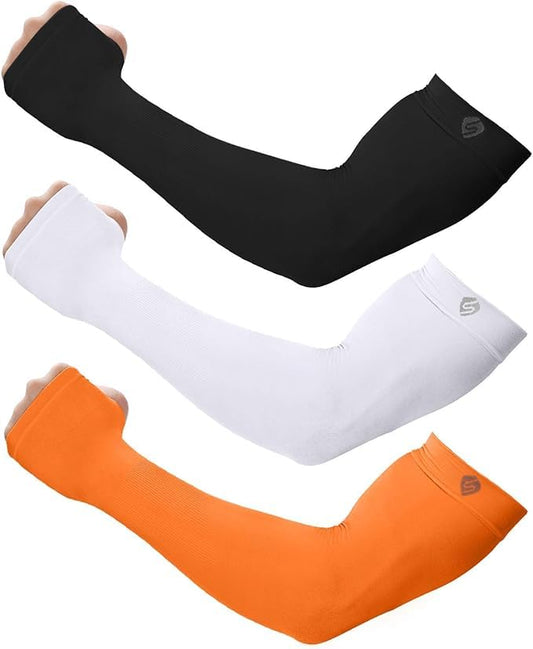 Arm Sleeves for Men Women UV Sun Protection Compression Arm Warmer Tattoo Cover Up, Sports Golf Cooling Sleeves - color: 3 Pairs_black+white+orange