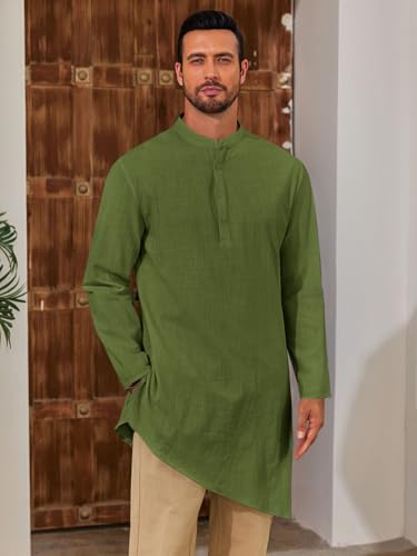Runcati Mens Kaftan Robe Thobe Cotton Long Sleeve Henley Shirt Casual Muslim Gown Kurta Tops - color: Army Green, size: Small