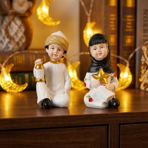 Ramadan Decorations for Home Set of 2 Resin Muslim Boy and Girl Figurines Holding Lantern and Star Islamic Decor Eid Mubarak Table Centerpieces for Iftar Office Desktop Display