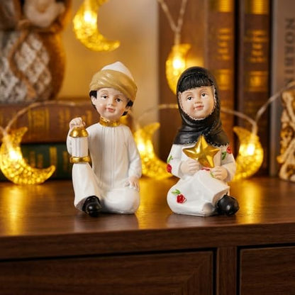 Ramadan Decorations for Home Set of 2 Resin Muslim Boy and Girl Figurines Holding Lantern and Star Islamic Decor Eid Mubarak Table Centerpieces for Iftar Office Desktop Display