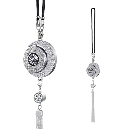 Zinc Alloy Double Sided Arabic Calligraphy car Hanging Ornament with refillable Fragrance Compartment for Long Lasting Scent Brings Blessings on Every Drive Universal Vehicle air freshener - style: Half-moon Black