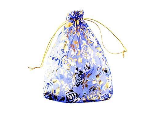 100 Pack 5 x 7 Inch Organza Jewelry Gift Pouch B381, Royal Blue Flower - color: royalblue flower