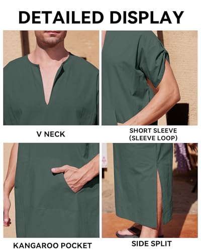 YAOHUOLE Men's Short Sleeve Kaftan Thobe Side Split Caftan with Pockets Long Gown Thobe - color: Dark Gray, size: Large