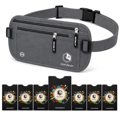 VENTURE 4TH RFID Money Belt for Travel with RFID Blocking Sleeves – Slim Hidden Travel Wallet & Passport Holder for Men & Women, Lightweight Anti-Theft Pouch to Protect Cash, Cards & Documents - Gray - color: Gray