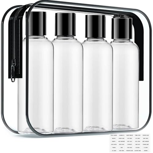 Toiletry Travel Bottles for Men Women, 3.4oz/100ml Refillable Plastic Containers with TSA Approved Toiletry Bag - Clear Cosmetic Kit for Shampoo, Conditioner, Lotion and Travel Essential(4Pack, Black) - color: Black