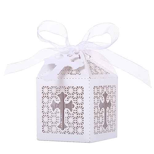 LEMESO 50 Pack Baptism Laser Cut Favor Boxes 2x2x3 Inch White Small Gift Boxes with Dotted Fold Lines Silk Ribbons and Cross Tags for Christening First Communion Wedding Baby Shower Bautizo