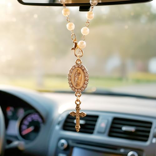 Car Rosary for Car, Steering Wheel Charm, Steering Wheel Rosary Charm with Virgin Mary & Cross, Cars Accessories for Rearview Mirror Protection Decor - style: A