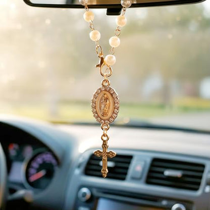Car Rosary for Car, Steering Wheel Charm, Steering Wheel Rosary Charm with Virgin Mary & Cross, Cars Accessories for Rearview Mirror Protection Decor - style: A