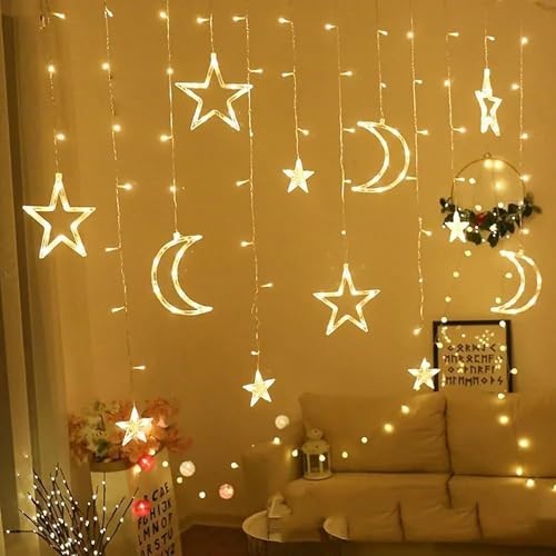 11.48ft Star Moon Curtain String Lights Waterproof 126 LED Fairy Starry String Lights for Wedding, Christmas, Party, Bedroom, Ramadan Decor Battery Operated, Warm White