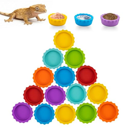 15 Pack Crested Gecko Food and Water Bowl, Eudimysx Reusable Small Reptile Feeding Dish, Gecko Tank Accessories for Hermit Crab, Tarantula, Isopods, Snails and Lizard, Silicone Easy Clean & 7 Colors - color: 15Pack