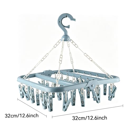 SteelFever Clothes Drying Hanger with 32 Clips, Foldable Hanging Drying Rack for Clothes Underwear Socks (Nordic Blue) - color: Nordic Blue
