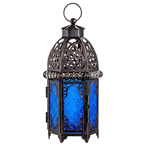 NEEDOMO Hanging Moroccan Lantern, 12.8'' Vintage Candle Holder, Metal Lanterns Decorative Indoor Outdoor, Table, Patio, Porch, Shelf, Gothic Home Decor (Blue, Large Size) - color: Blue, size: Large