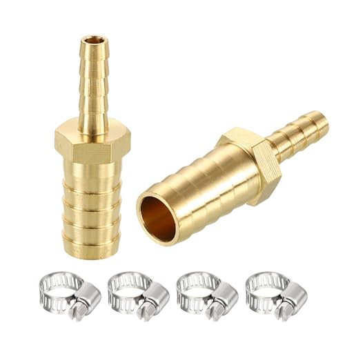 2 Pack Brass Hose Barb to Adapter with 4Pcs Stainless Steel Hose Clamp, 1/2" Barb x 1/4" for Industrial, Automotive, Fluid, Home Gardening, and Water Treatment - size: 1/2" Barb To 1/4" with Hose Clamp