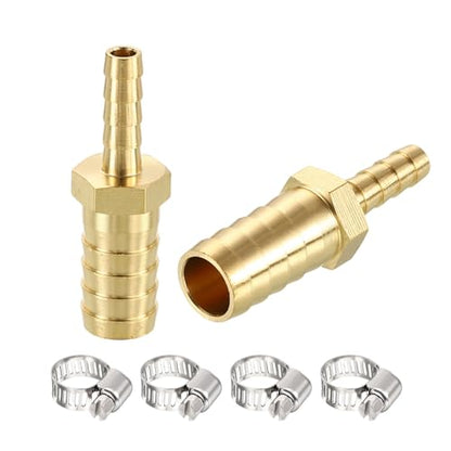 2 Pack Brass Hose Barb to Adapter with 4Pcs Stainless Steel Hose Clamp, 1/2" Barb x 1/4" for Industrial, Automotive, Fluid, Home Gardening, and Water Treatment - size: 1/2" Barb To 1/4" with Hose Clamp