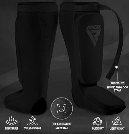 RDX Shin Guards Kickboxing Muay Thai, SATRA Approved, MMA Leg Instep Protection Pads, Sparring Training Martial Arts Boxing, Elasticated Padded Protector, Karate BJJ Taekwondo Gear, Men Women - color: Full Black, size: Small