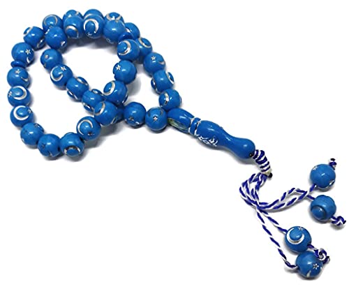 Muslim Bead Tasbih 33 Rosary AMN-277 Islam Prayer dhikr Misbaha with Moon Star Engraved on Islamic Religion Eid Ramadan Gift (Blue) - color: Blue