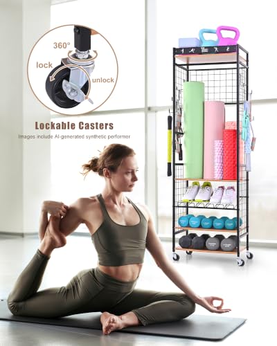 Mythinglogic Weight Rack for Dumbbells, Home Gym Storage for Yoga Mat Dumbbells Kettlebells and Strength Training Equipment, Dumbbell Rack with Wheels and Hanging Hooks - color: Black+Brown