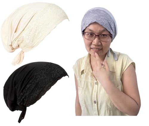 3Pack Islamic Muslim Under Hijab Cap Inner UnderScarf for women Lace Under Scarf Hat Hijab Cap with Tie - color: Beige Black Grey