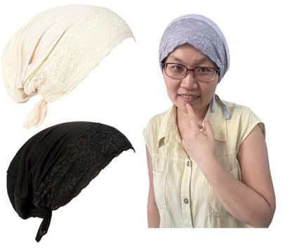 3Pack Islamic Muslim Under Hijab Cap Inner UnderScarf for women Lace Under Scarf Hat Hijab Cap with Tie - color: Beige Black Grey