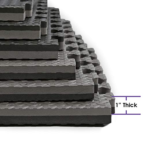 Xspec 1" Extra Thick 48 sq ft Reversible EVA Gym Foam Floor Mat Tiles (24" x 24"), Steel Pattern, 12 pcs, Black & Grey - color: Black