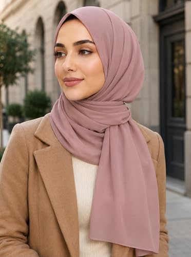 Women’s Chiffon Hijab Scarf - Heavyweight Solid Color Shawl & Wrap, Soft Breathable Headwrap for All Seasons - color: Mcgjxfs2604-rosybrown