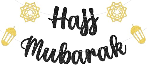 Hajj Mubarak Banner - Eid Decorations, Umrah Decorations, Islamic Festival Muslim Party Decorations - color: Black Hajj Mubarak