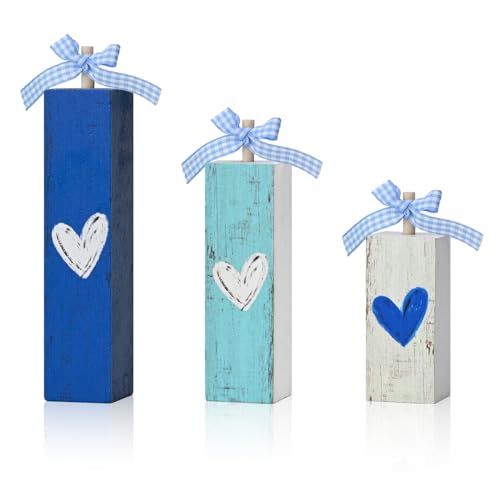 Smile Father's Day Wooden Table Decor Blue & White Heart Desktop Signs Tabletop Decorations for Home Office Shelf Gift for Dad, Husband, Grandpa - style: Heart Father