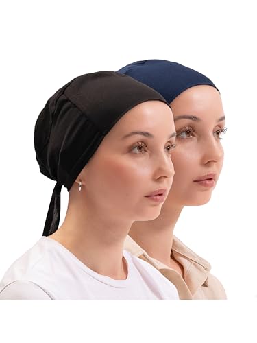 FabNest Women Hijab Undercap Islamic Muslim Under Scarf Hats Bonnet with Tie Back Non-Slip Breathable and Snug-Fit - color: Black + Navy Blue (2pcs)