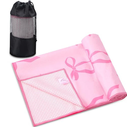 Breling Pink Bow Yoga Mat Towel with Grip Dot Preppy Coquette Bow Non Slip Ultra Absorbent Soft Microfiber Towel Without Hot Yoga Mat 72 x 24 Inch for Pilates Fitness Gym Women Birthday Gifts - color: Pink