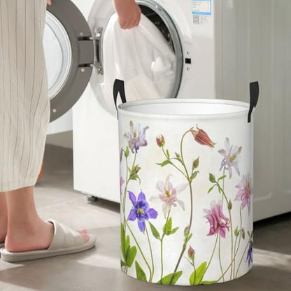 Aquilegia Columbine Summer Flowers Still Life Graphic Flower Pastel Round Waterproof Oxford Cloth Laundry Basket Multi-Purpose Storage Basket Toys Books Clothes Storage Basket - color: Black 6